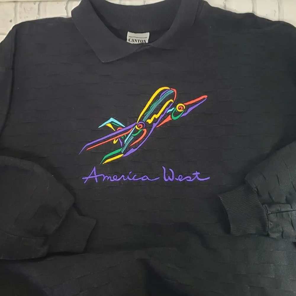 Men's 80s Vintage Retro Black America West Airlines Polo Sweatshirt